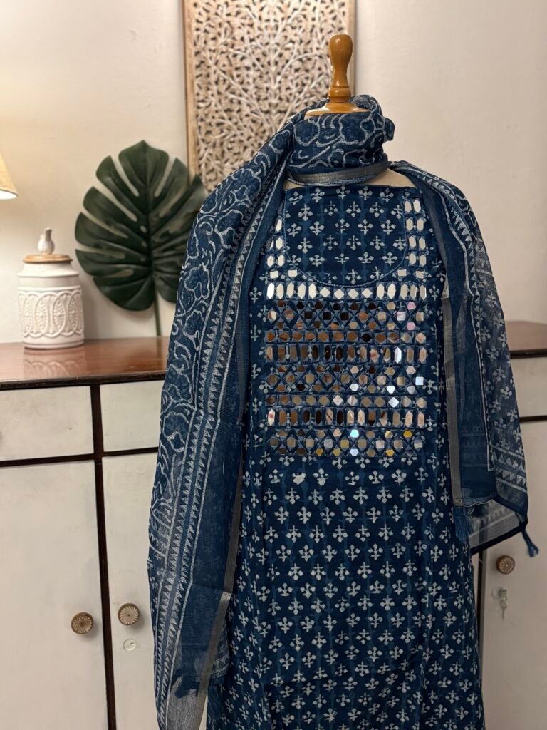 Hand Embroidered with real mirrors Indigo Cotton Salwars by Ikhtirah