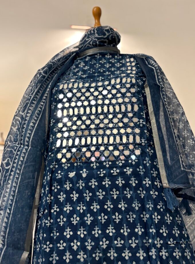 Hand Embroidered with real mirrors and Indigo Cotton Salwars by Ikhtirah