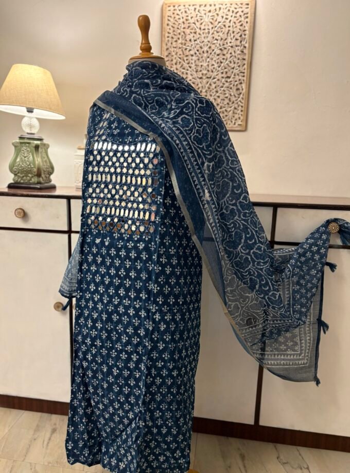 Hand Embroidered with real mirrors and Indigo Cotton Salwars by Ikhtirah