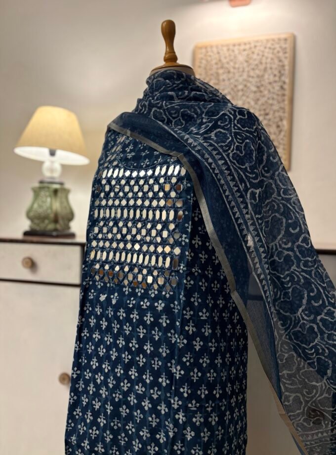 Hand Embroidered with real mirrors and Indigo Cotton Salwars by Ikhtirah