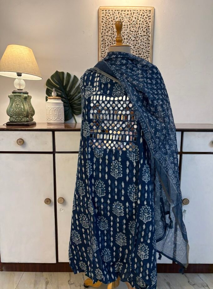 Hand Embroidered with real mirrors and Indigo Cotton Salwars by Ikhtirah