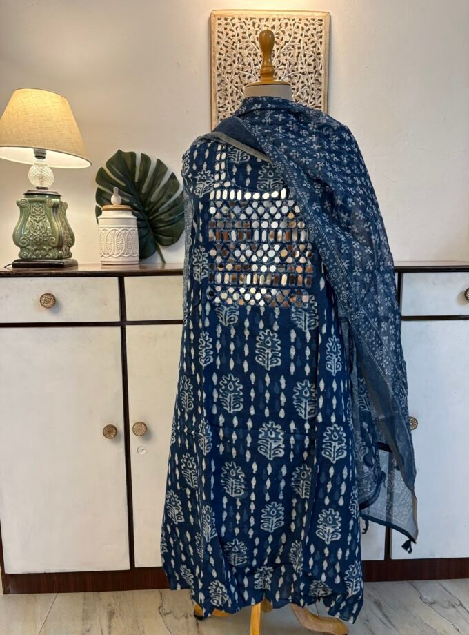 Hand Embroidered with real mirrors and Indigo Cotton Salwars by Ikhtirah