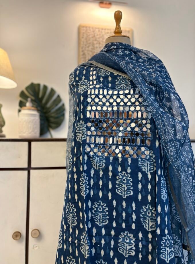 Hand Embroidered with real mirrors and Indigo Cotton Salwars by Ikhtirah