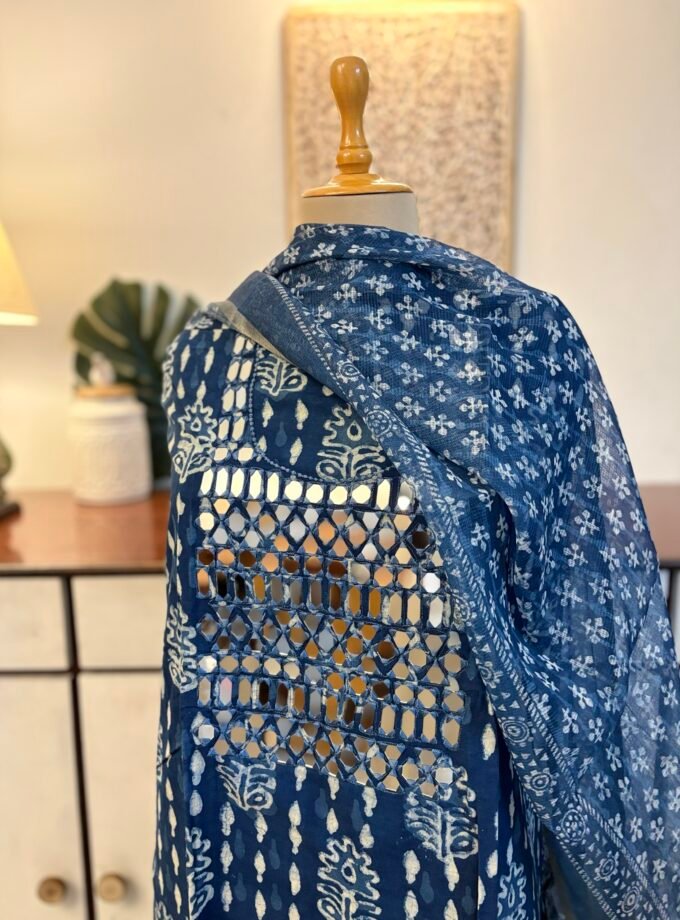 Hand Embroidered with real mirrors and Indigo Cotton Salwars by Ikhtirah