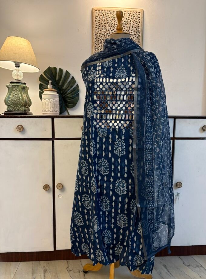 Hand Embroidered with real mirrors and Indigo Cotton Salwars by Ikhtirah