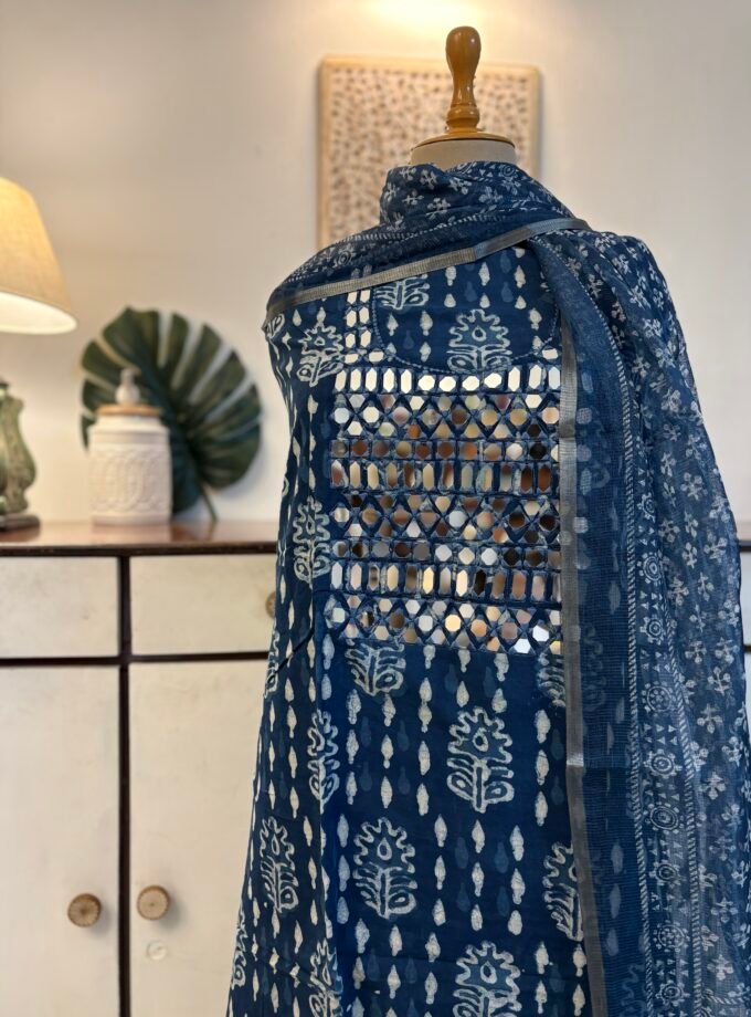 Hand Embroidered with real mirrors and Indigo Cotton Salwars by Ikhtirah