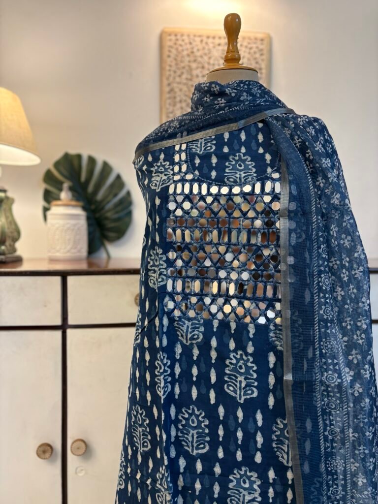 Hand Embroidered with real mirrors Indigo Cotton Salwars by Ikhtirah