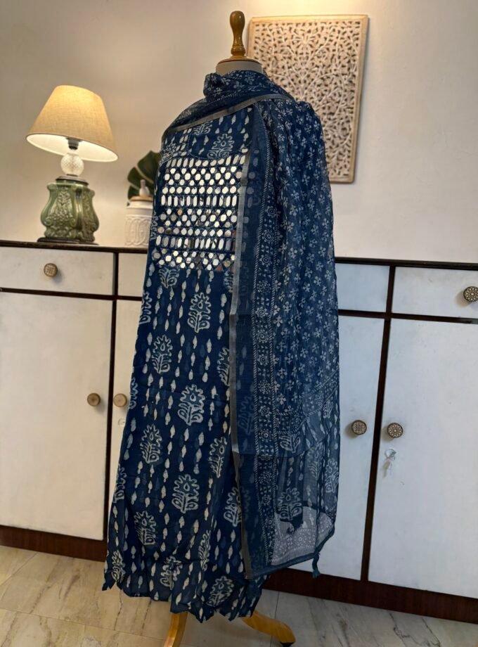 Hand Embroidered with real mirrors and Indigo Cotton Salwars by Ikhtirah