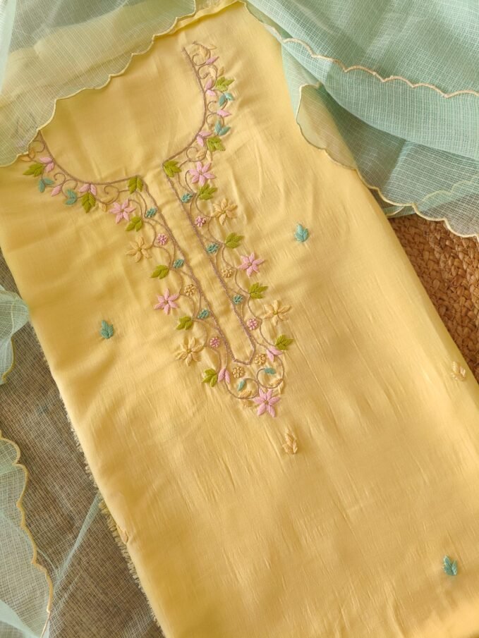 Hand Embroidered Muslin Silk Salwars by Ikhtirah (lime yellow)