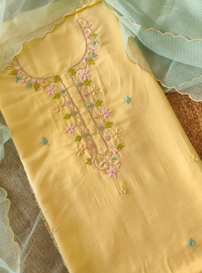 Hand Embroidered Muslin Silk Salwars by Ikhtirah (lime yellow)