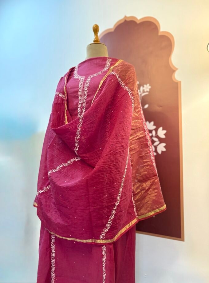 Hand Chikankari Embroidered Pure Chanderi with Mukaish worked Salwar by Ikhtirah (Pink)