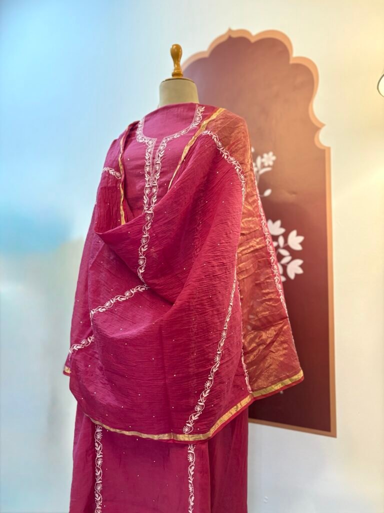Hand Chikankari Embroidered Pure Chanderi with Mukaish worked Salwar by Ikhtirah (Pink)