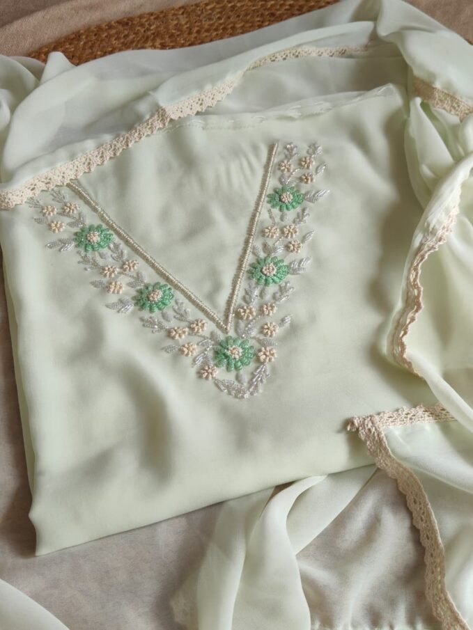 Hand Embroidered Pastel Georgette Salwars by Ikhtirah (Mint)