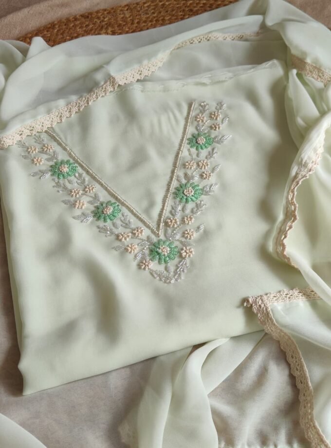 Hand Embroidered Pastel Georgette Salwars by Ikhtirah (Mint)