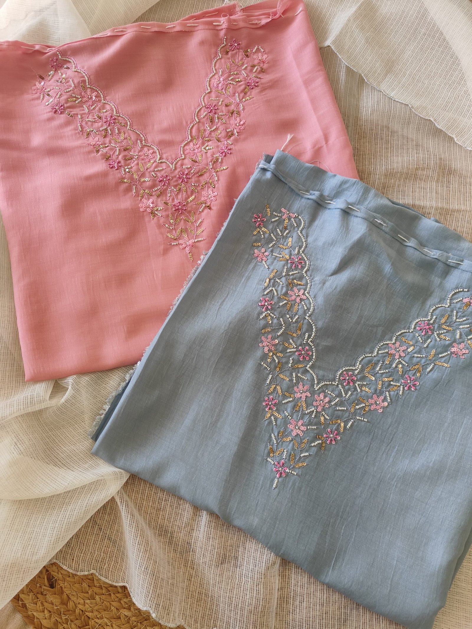 Hand Embroidered Muslin Silk with Kota Dupatta Salwars by Ikhtirah (Bluish Grey) - Image 5