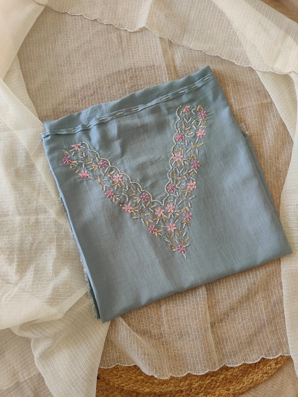 Hand Embroidered Muslin Silk with Kota Dupatta Salwars by Ikhtirah (Bluish Grey) - Image 2
