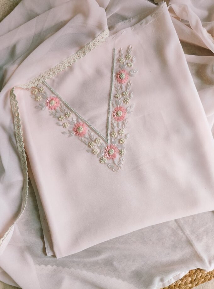 Hand Embroidered Pastel Georgette Salwars by Ikhtirah (Pink)