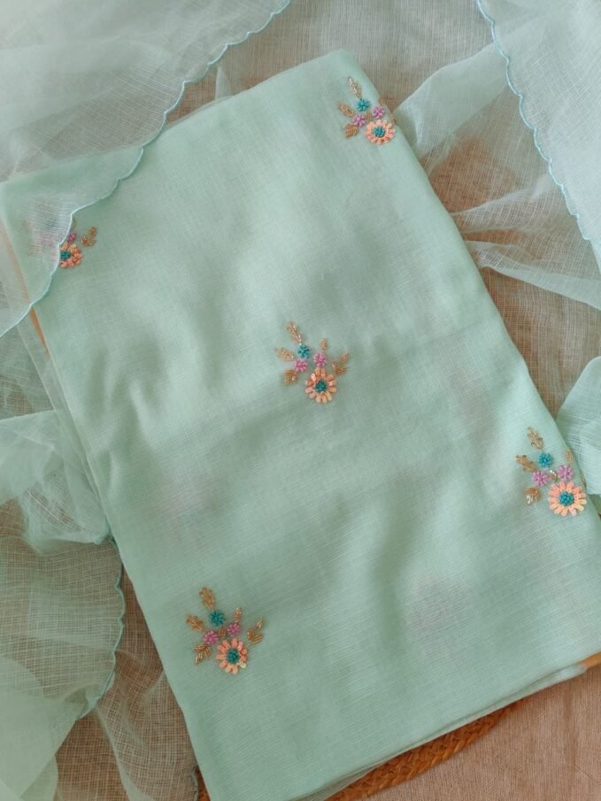 Floral Hand Embroidered Kota by Kota Salwars by Ikhtirah (Light Sea)