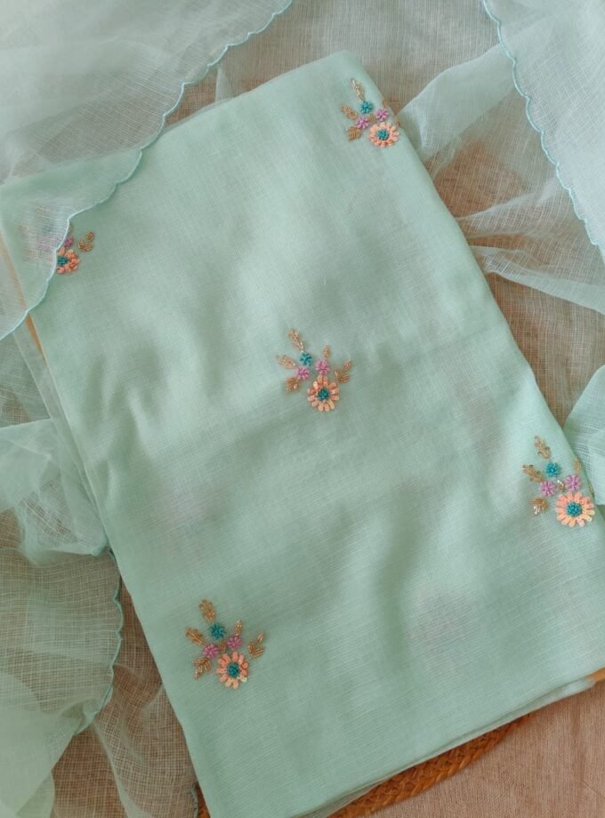 Floral Hand Embroidered Kota by Kota Salwars by Ikhtirah (Light Sea)