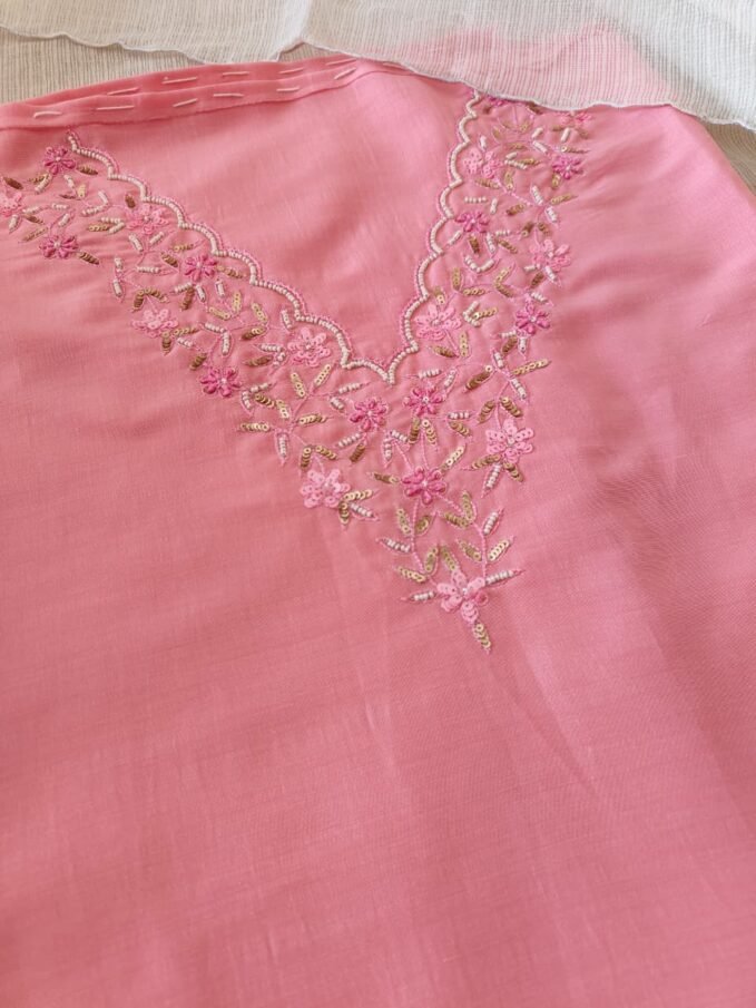 Hand Embroidered Muslin Silk with Kota Dupatta Salwars by Ikhtirah (Pink)