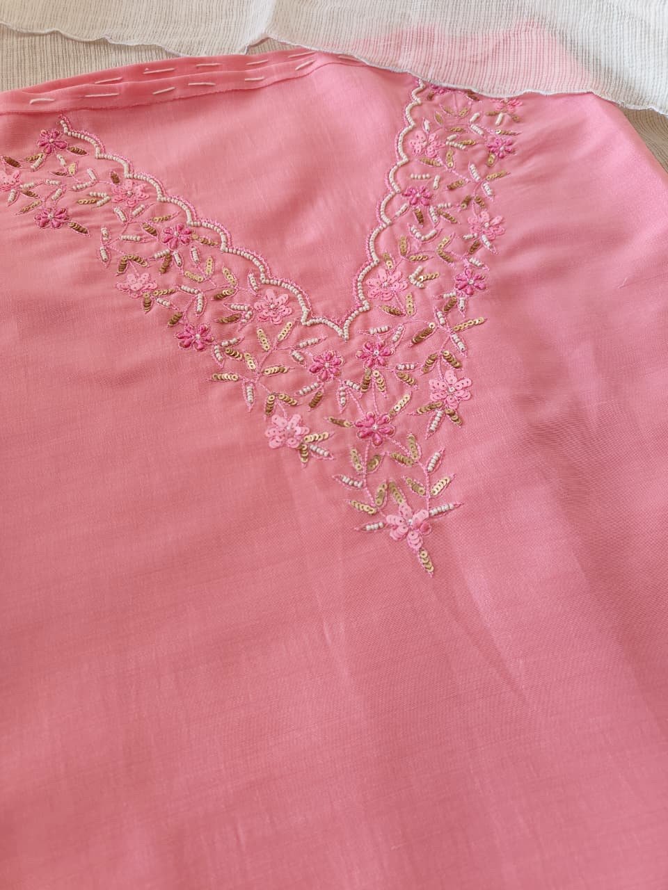 Hand Embroidered Muslin Silk with Kota Dupatta Salwars by Ikhtirah (Pink)
