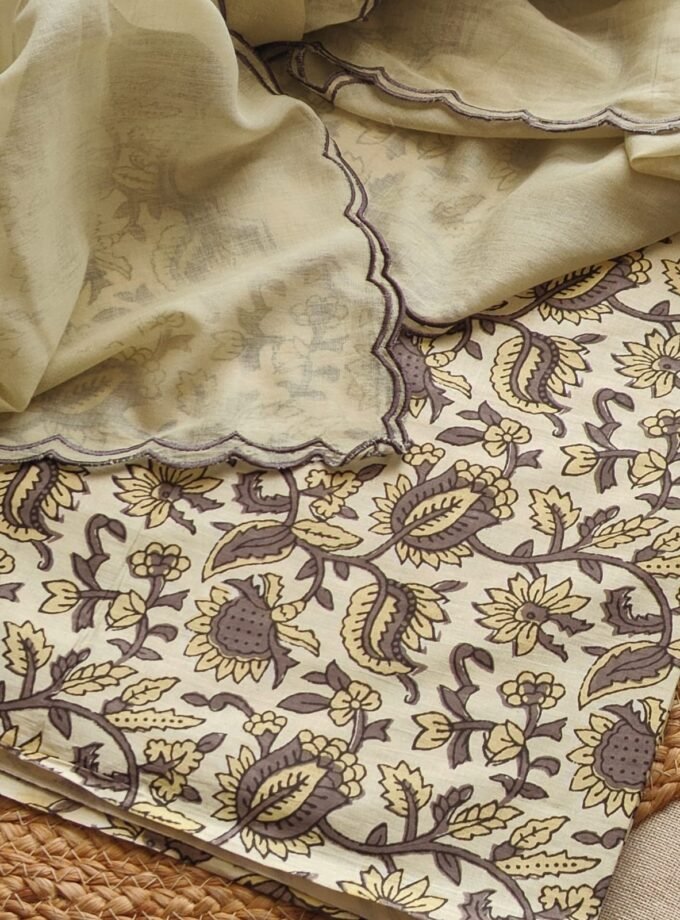 Pure Cotton Salwar with manually embroidered and scalloped Soft Mul Cotton Dupatta by Ikhtirah