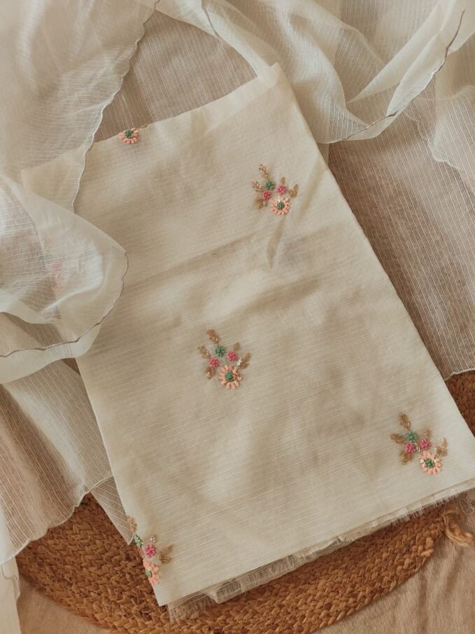 Floral Hand Embroidered Kota by Kota Salwars by Ikhtirah (Creamish White)