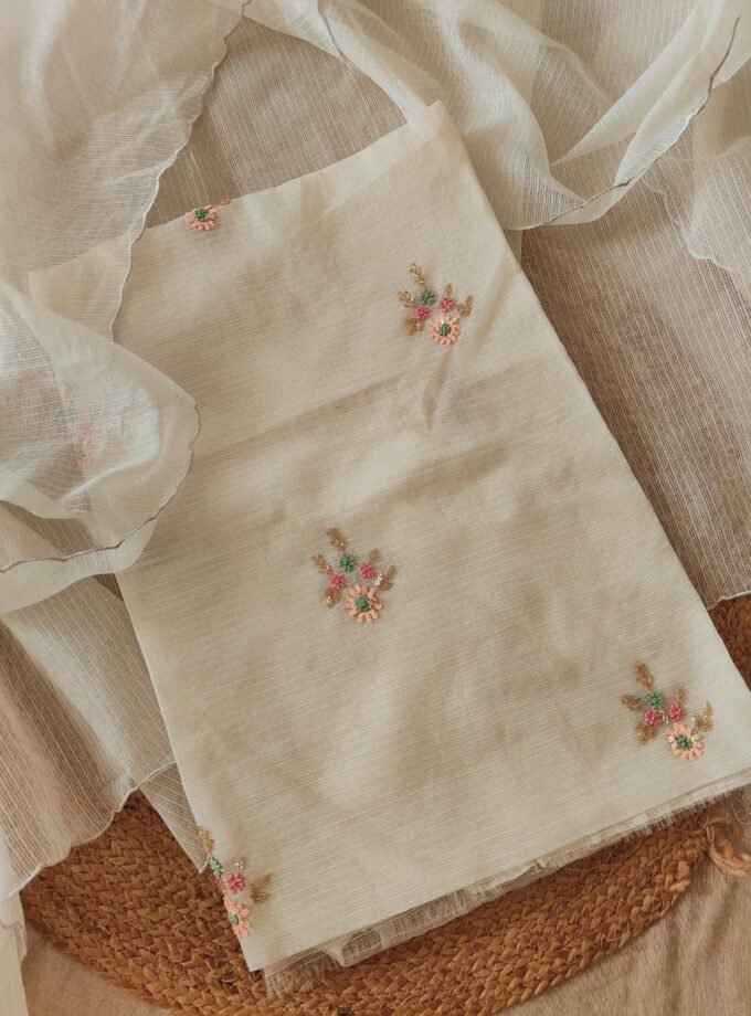 Floral Hand Embroidered Kota by Kota Salwars by Ikhtirah (Creamish White)