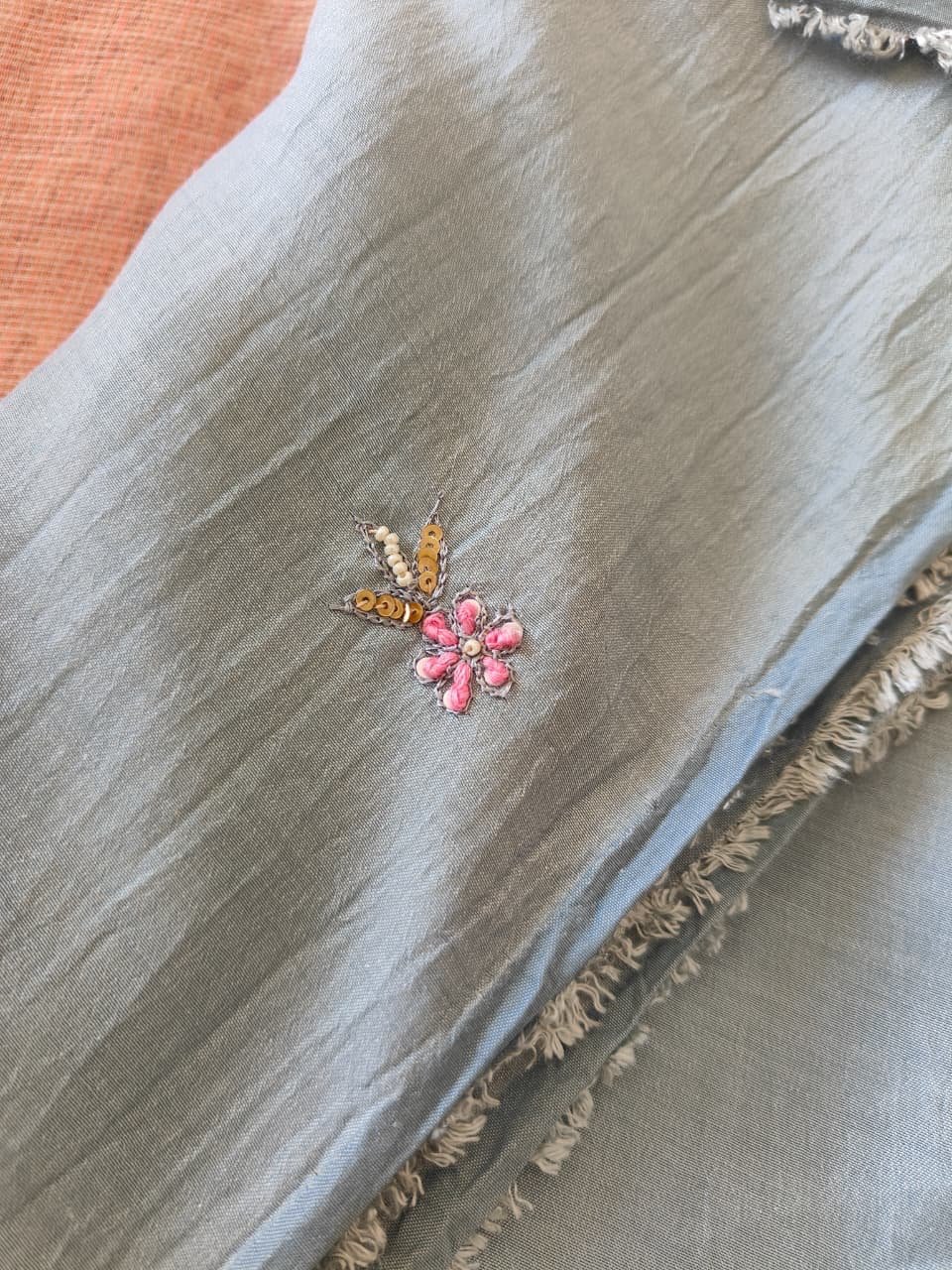 Hand Embroidered Muslin Silk with Kota Dupatta Salwars by Ikhtirah (Bluish Grey) - Image 4