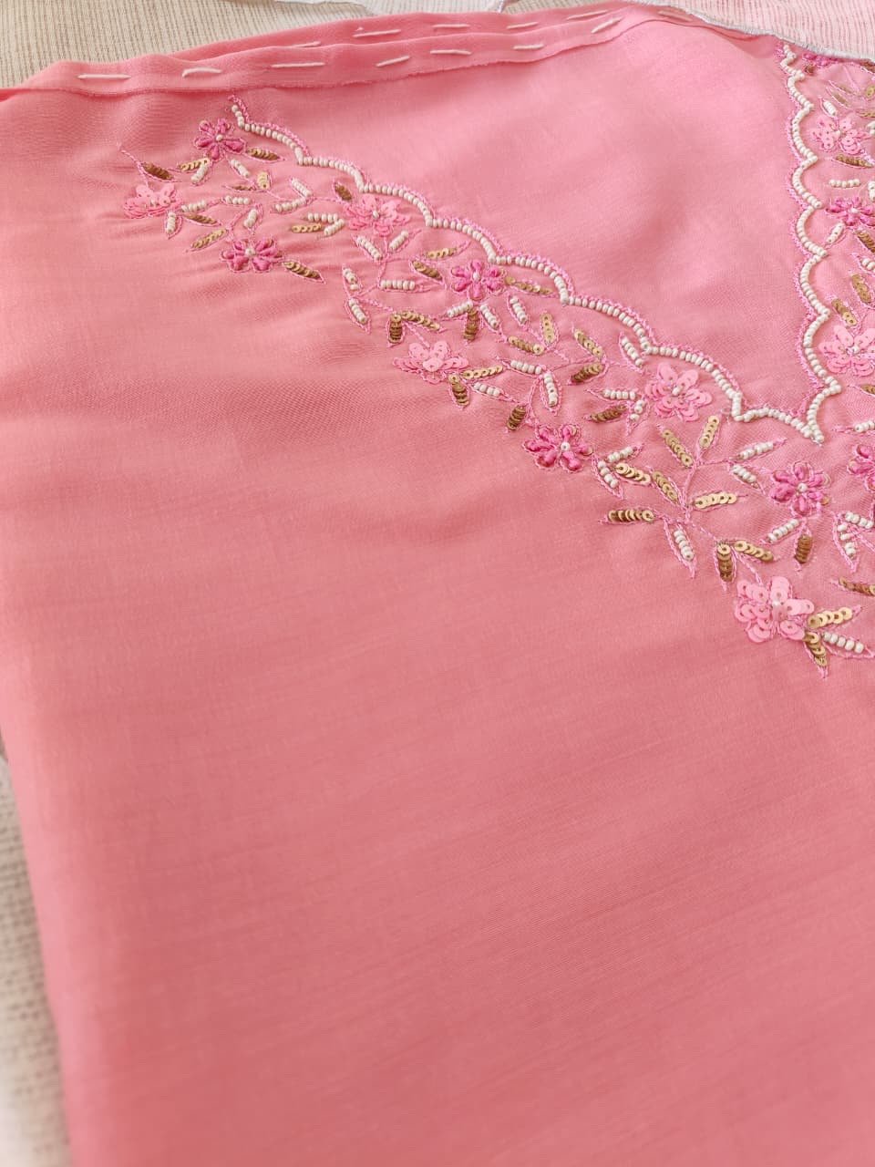 Hand Embroidered Muslin Silk with Kota Dupatta Salwars by Ikhtirah (Pink) - Image 4