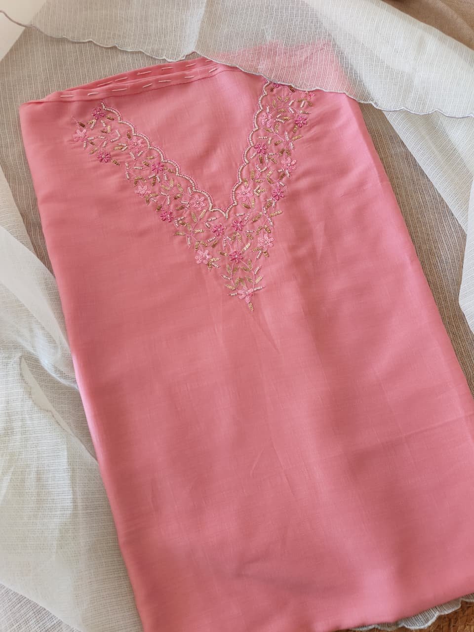 Hand Embroidered Muslin Silk with Kota Dupatta Salwars by Ikhtirah (Pink) - Image 2