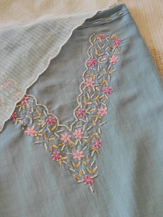 Hand Embroidered Muslin Silk with Kota Dupatta Salwars by Ikhtirah (Bluish Grey)