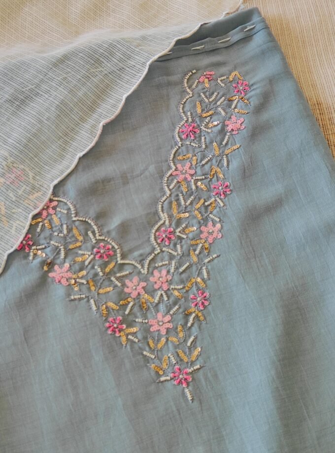 Hand Embroidered Muslin Silk with Kota Dupatta Salwars by Ikhtirah (Bluish Grey)