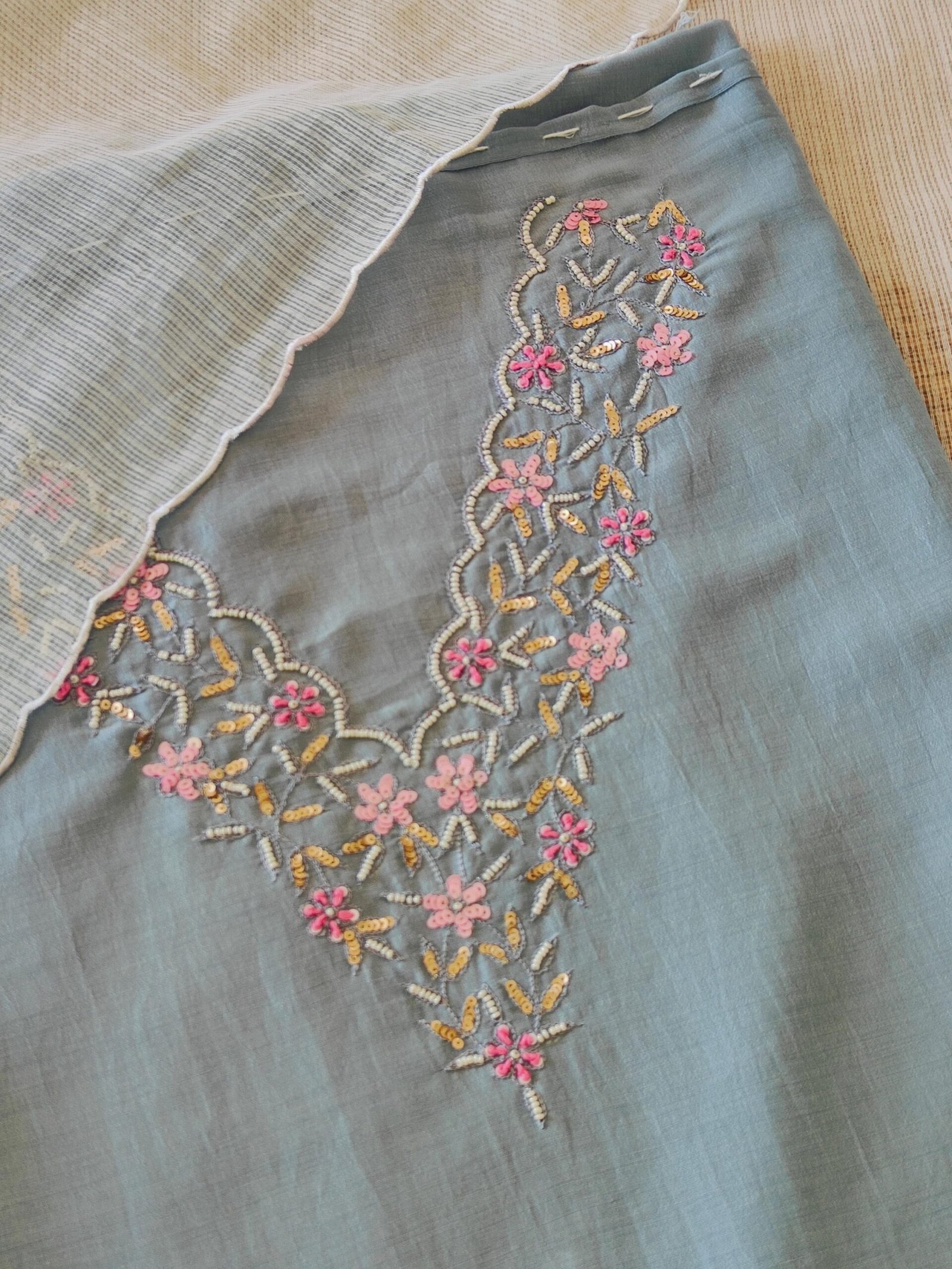 Hand Embroidered Muslin Silk with Kota Dupatta Salwars by Ikhtirah (Bluish Grey)