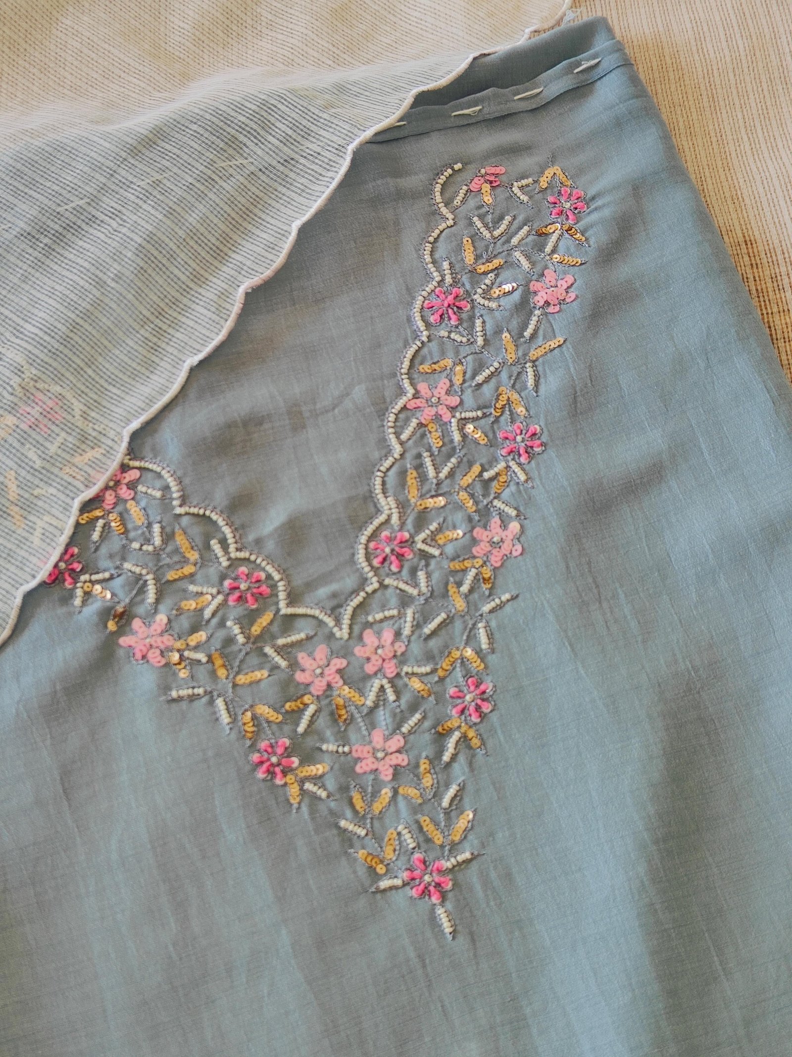 Hand Embroidered Muslin Silk with Kota Dupatta Salwars by Ikhtirah (Bluish Grey)