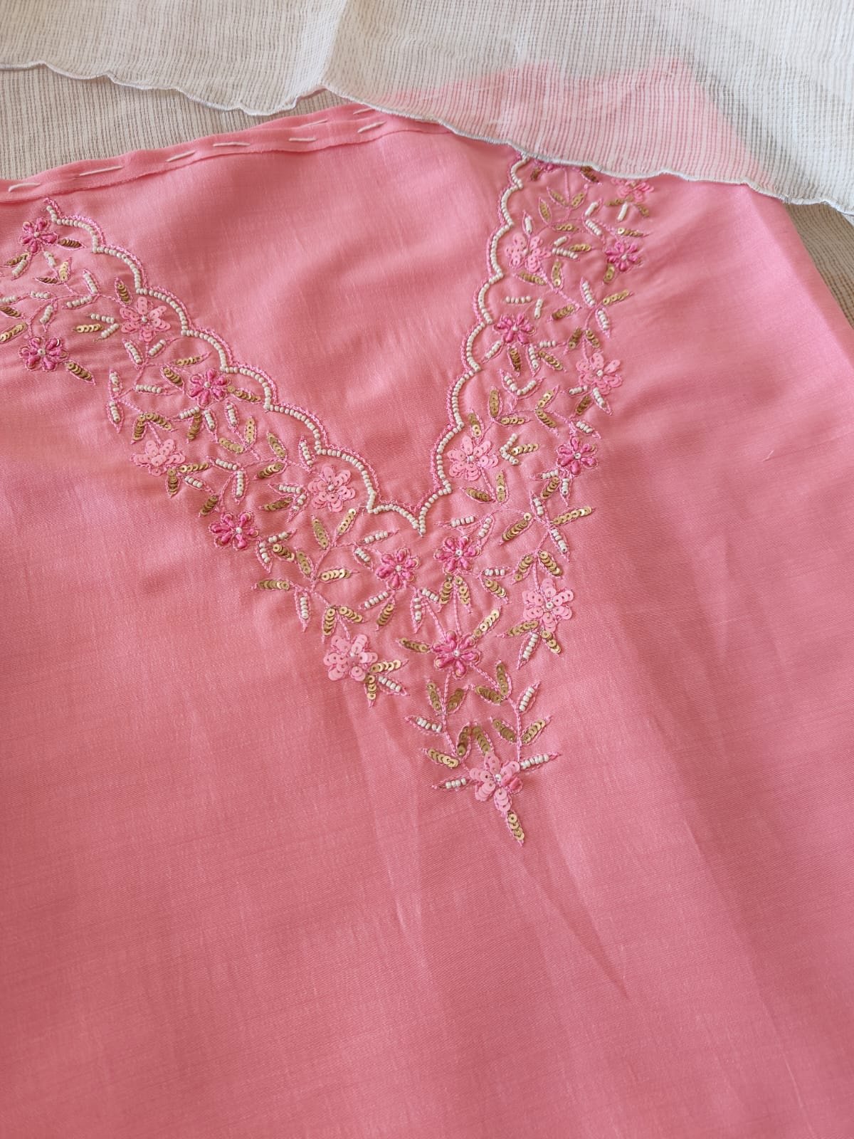 Hand Embroidered Muslin Silk with Kota Dupatta Salwars by Ikhtirah (Pink) - Image 3