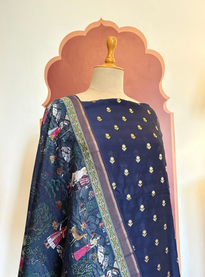 Zari Woven Pure Chanderi Silk Salwars with Exclusive Digitally Printed Dupattas by Ikhtirah