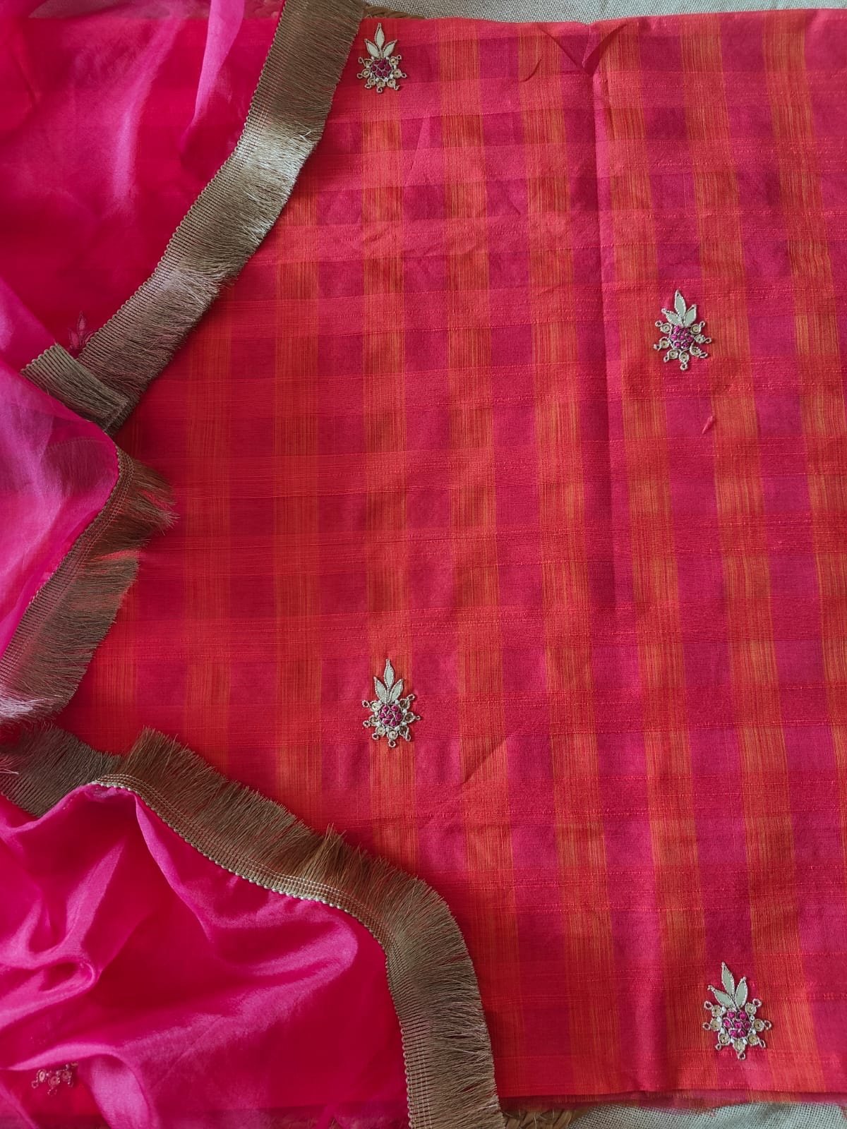 Hand Embroidered Gota and Thread Embroidered Handloom Checked Woven Chanderi Salwars by Ikhtirah - Image 2