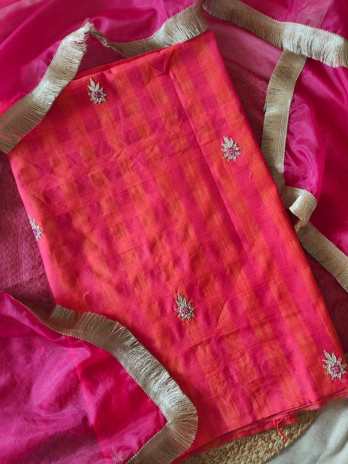 Hand Embroidered Gota and Thread Embroidered Handloom Checked Woven Chanderi Salwars by Ikhtirah