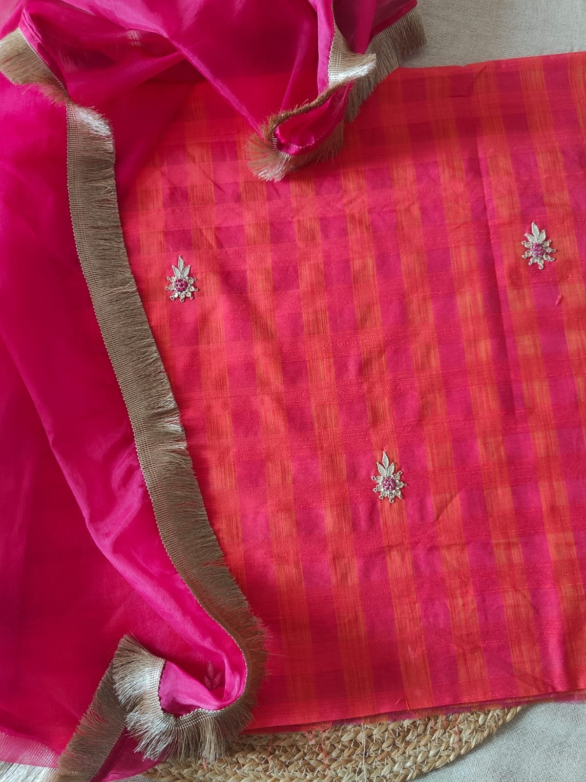 Hand Embroidered Gota and Thread Embroidered Handloom Checked Woven Chanderi Salwars by Ikhtirah - Image 4