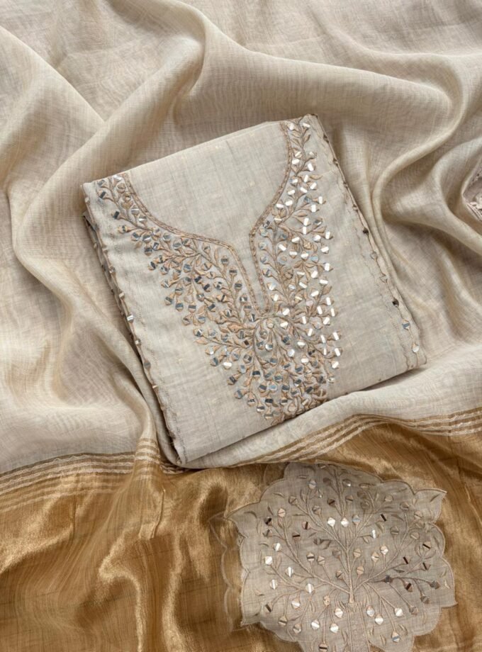 Real Mirror Worked Applique Embroidered Linen Chanderi Salwars by Ikhtirah