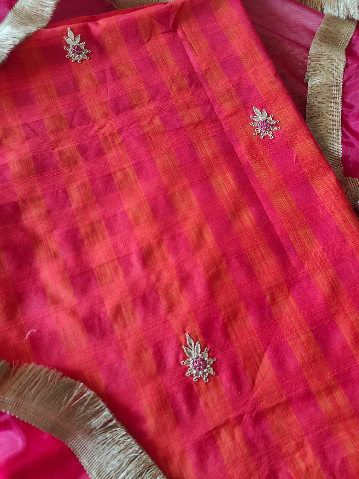 Hand Embroidered Gota and Thread Embroidered Handloom Checked Woven Chanderi Salwars by Ikhtirah - Image 5