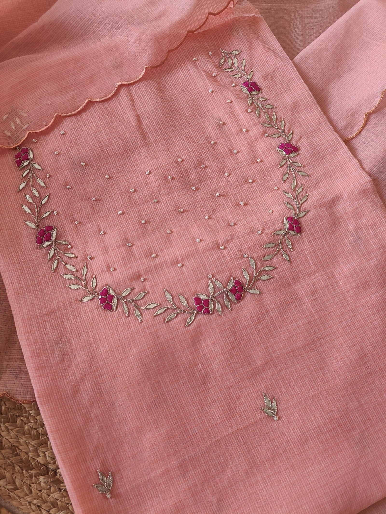 Hand Zardozi Embroidered Gota Kota by Kota Salwars by Ikhtirah (Peach)