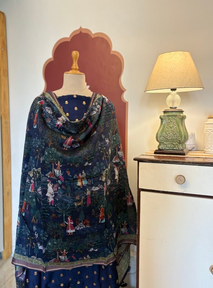 Zari Woven Pure Chanderi Silk Salwars with Exclusive Digitally Printed Dupattas by Ikhtirah