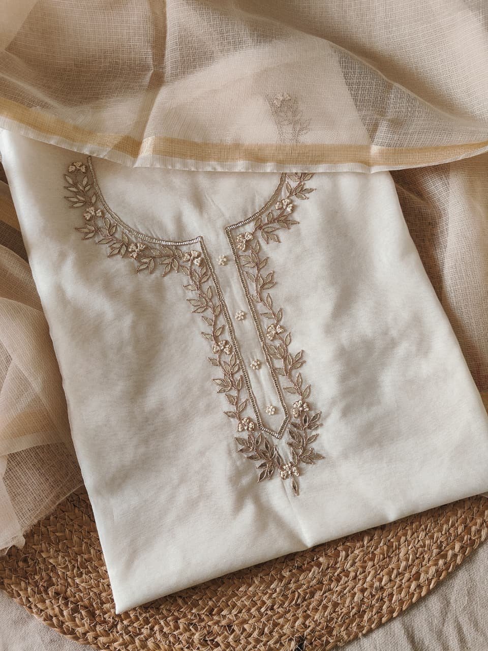 Hand Gota and Thread Embroidered Mul Chanderi Salwar by Ikhtirah (off white) - Image 6