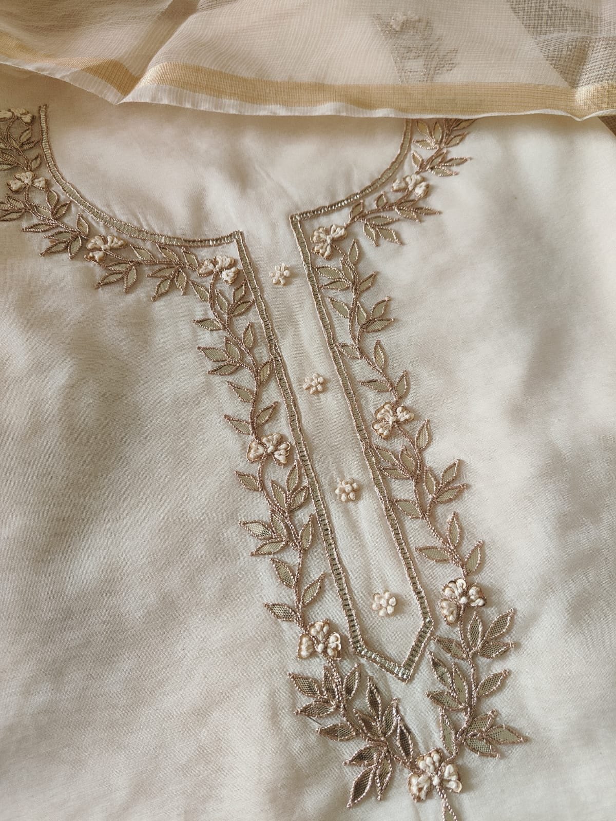 Hand Gota and Thread Embroidered Mul Chanderi Salwar by Ikhtirah (off white) - Image 2