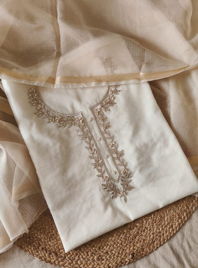 Hand Gota and Thread Embroidered Mul Chanderi Salwar by Ikhtirah (off white)