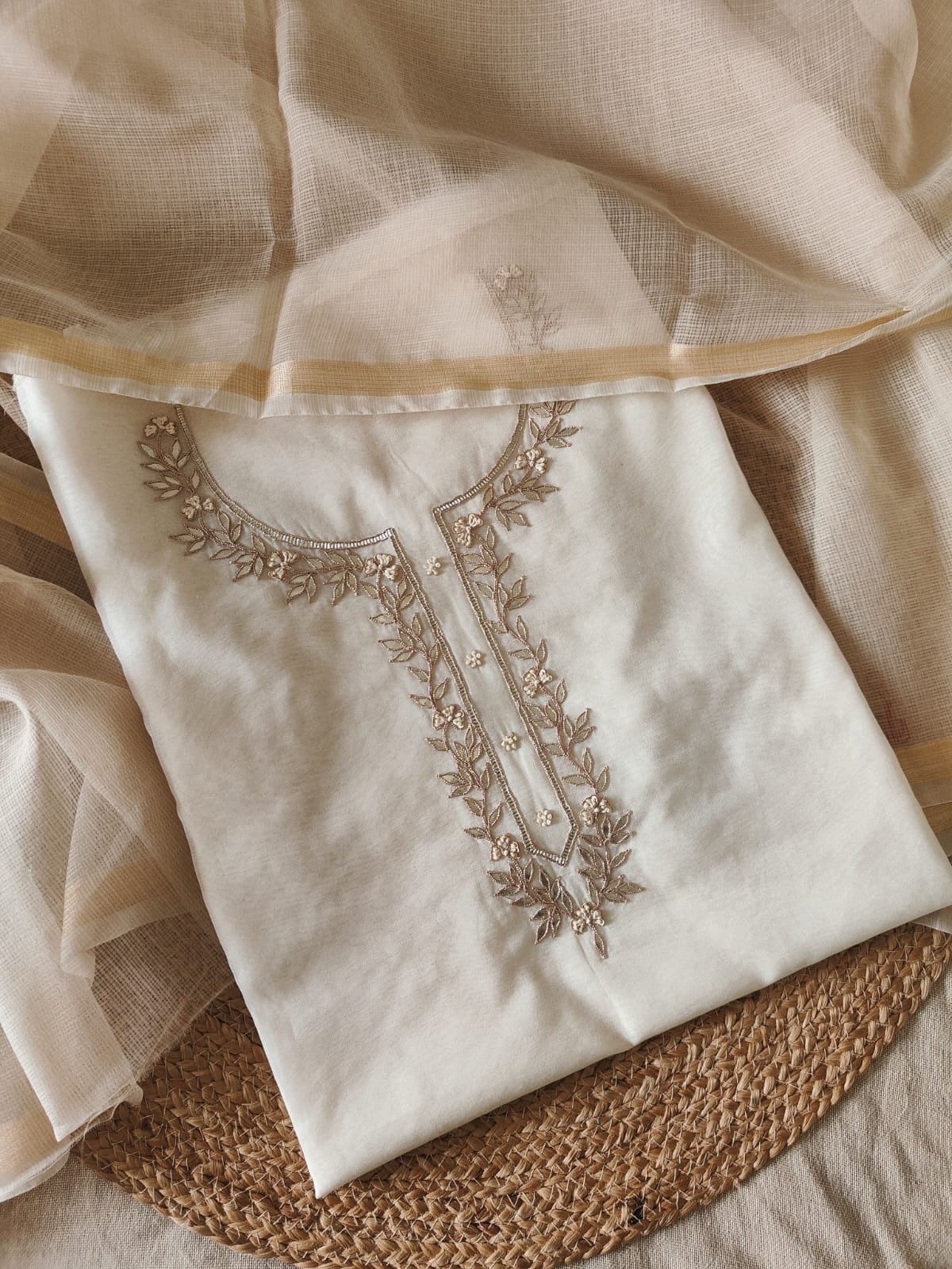 Hand Gota and Thread Embroidered Mul Chanderi Salwar by Ikhtirah (off white)