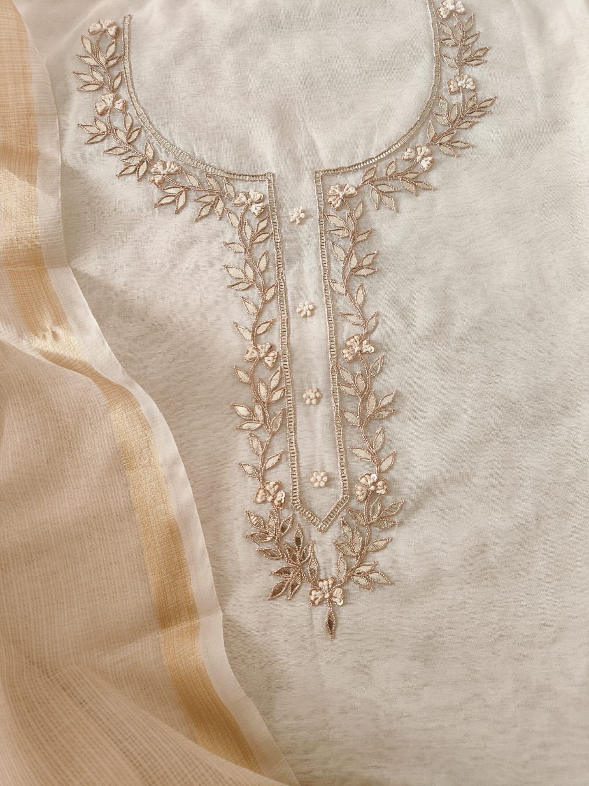 Hand Gota and Thread Embroidered Mul Chanderi Salwar by Ikhtirah (off white) - Image 4