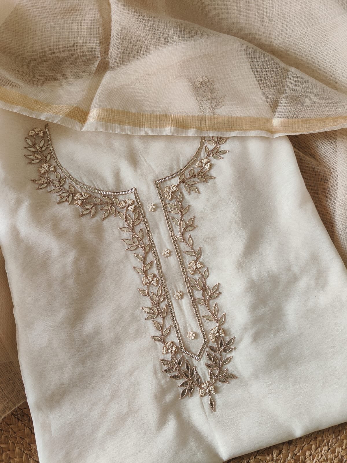 Hand Gota and Thread Embroidered Mul Chanderi Salwar by Ikhtirah (off white) - Image 5